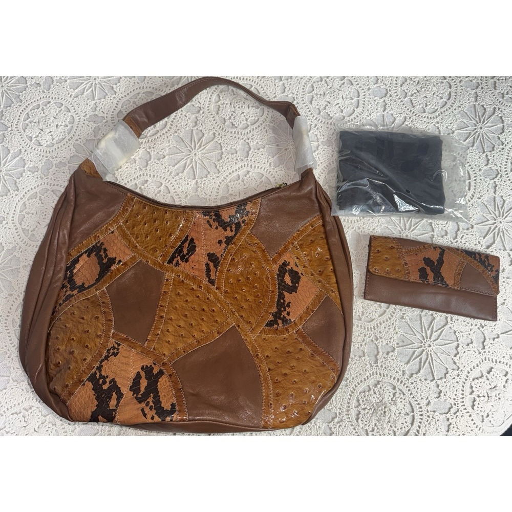 Vtg NEW Chi Falchi Brown Tan Leather Bag Purse Snake Skin Patchwork W/ Wallet‎